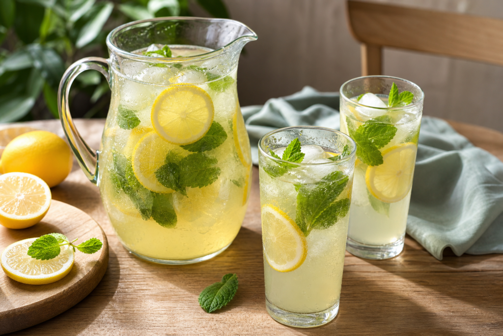 Domáca citrónová limonáda s mätou z čerstvých citrónov a mäty