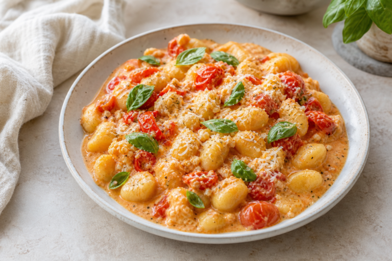 Krémové gnocchi s pečenou fetou, cherry paradajkami a bazalkou na rýchlu večeru