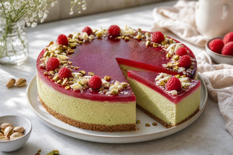 Pistáciový cheesecake s malinovým želé a bielou čokoládou: krémový, pevný a sviatočný