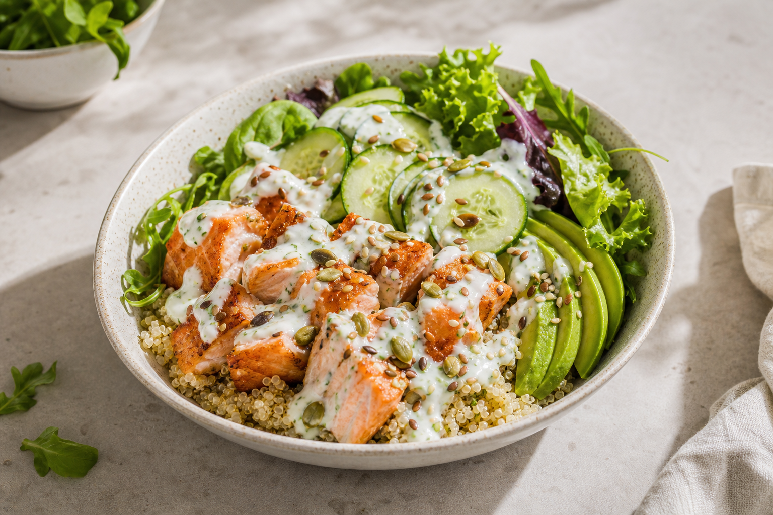 Quinoa bowl s pečeným lososom, uhorkou a avokádom: sýty obed za 35 minút