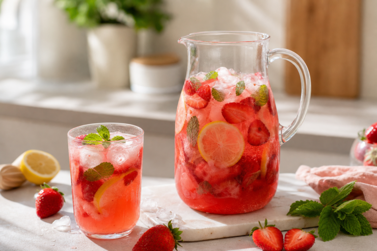 Svieža jahodová limonáda z vareného základu s citrónom a mätou