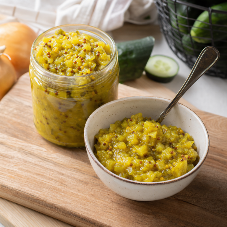 Domáci uhorkový relish s cibuľou a horčicou: hustý, chrumkavý a do pohárov