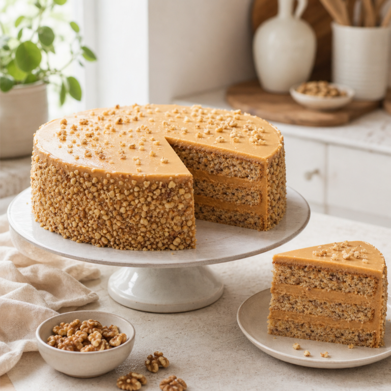 Stačí 22 cm forma: poctivá orechová torta s karamelovým krémom pre 8 až 10 porcií