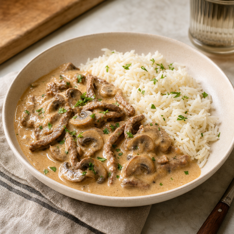 Hovädzí stroganov so šampiňónmi: cibuľa, horčica a smotana z neho spravia krémové hlavné jedlo