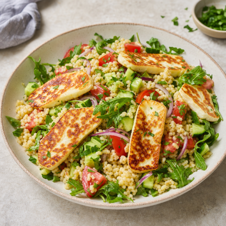 Halloumi na panvici, bulgur do misy: letný šalát, ktorý je hotový za 30 minút