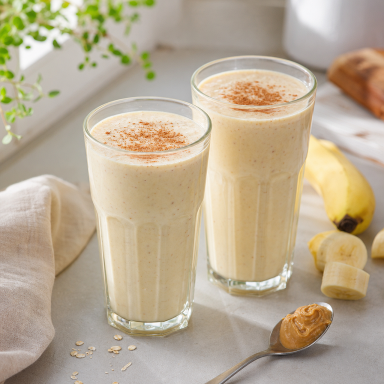 Banánovo-jogurtové smoothie s ovsenými vločkami a arašidovým maslom, ktoré je husté a krémové