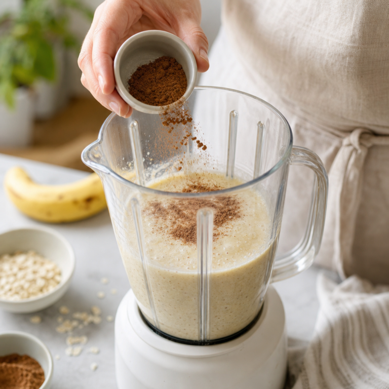 Banánovo-jogurtové smoothie sa mixuje do hladkej krémovej konzistencie.