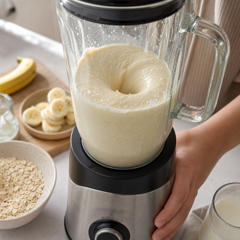 Hotové husté smoothie nalievané do vysokého pohára.