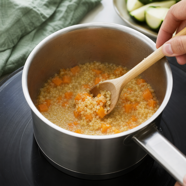 Bulgur s mrkvou a cuketou sa varí domäkka v malom hrnci.