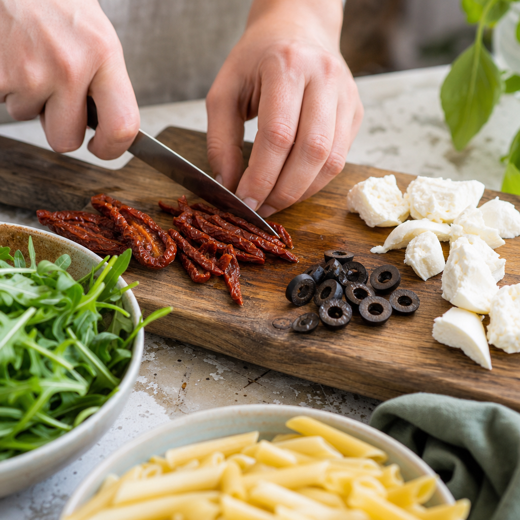 Pripravené suroviny na cestovinový šalát: sušené paradajky, mozzarella, olivy a rukola.