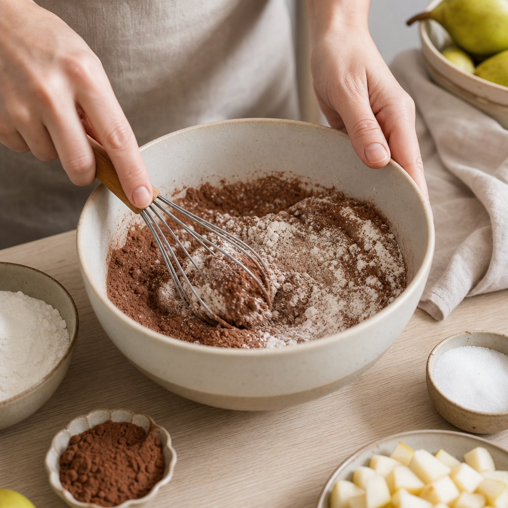 Rozpolený muffin s vláčnym kakaovým cestom a kúskami hrušky.