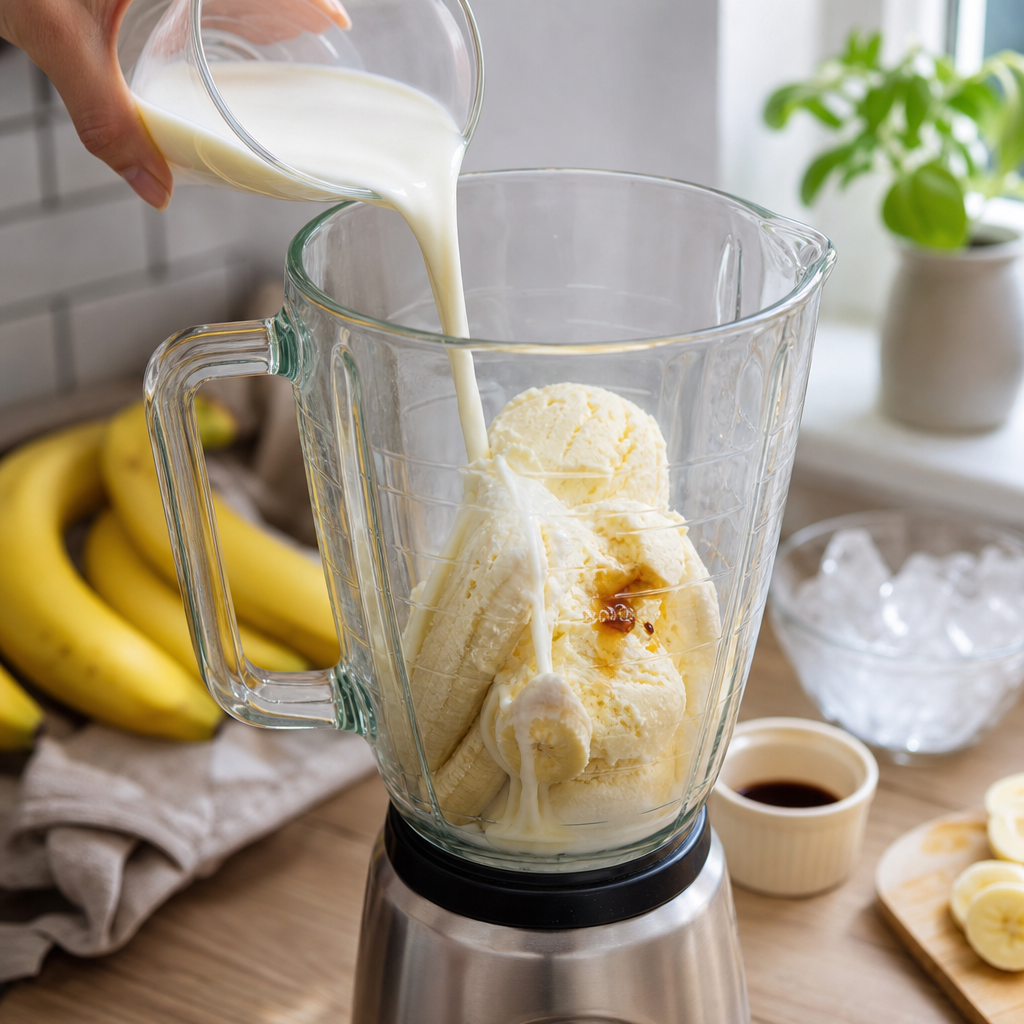 Hustý banánovo-vanilkový milkshake po rozmixovaní.