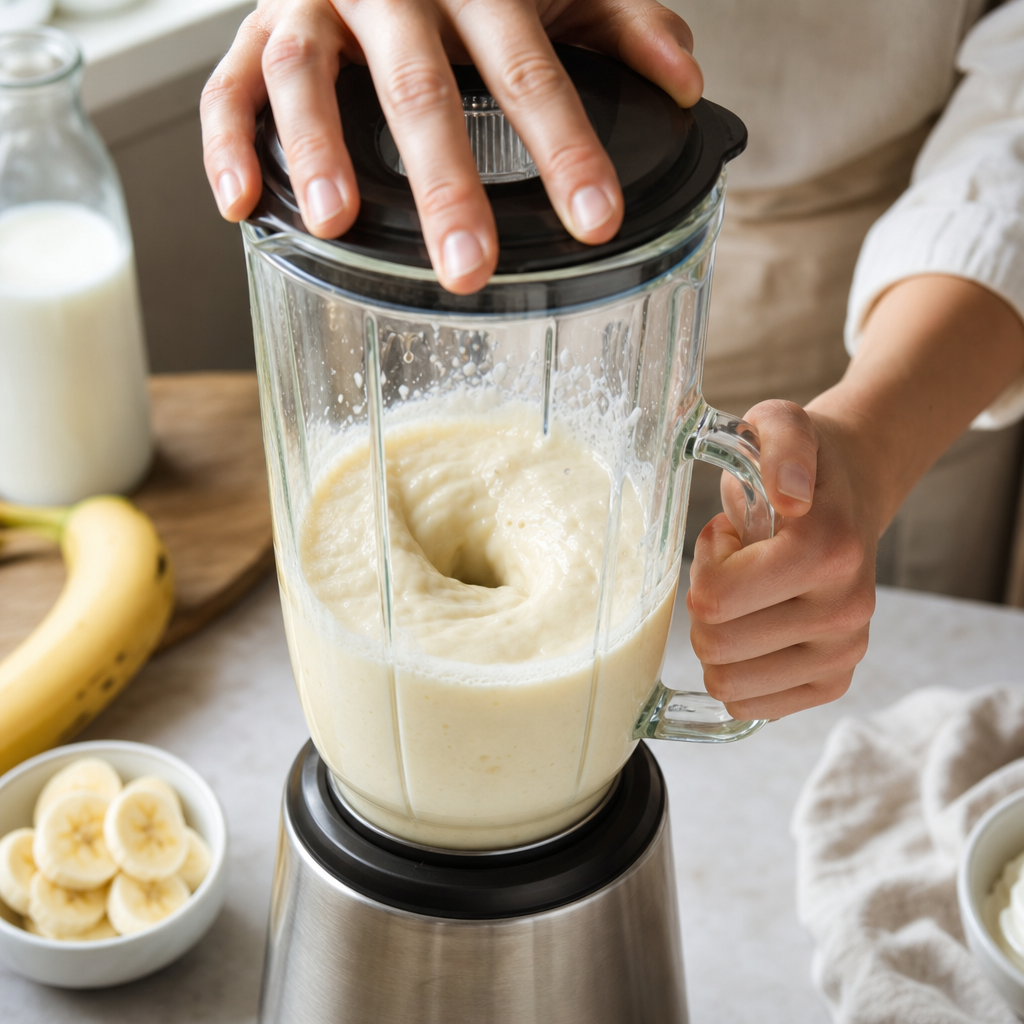 Milkshake nalievaný do vysokého pohára.