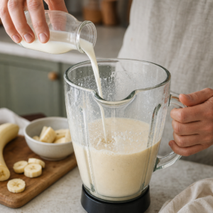 Podávaný vanilkový milkshake s banánom a jemnou ozdobou.