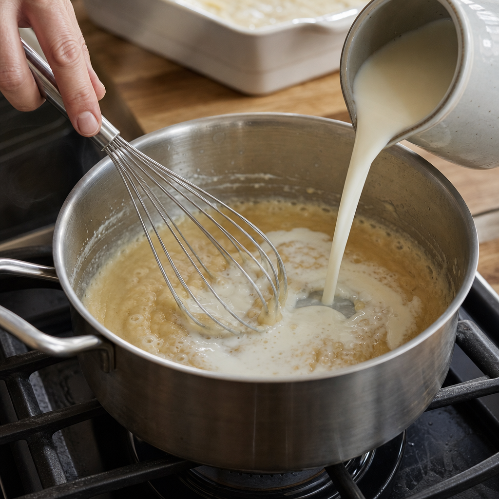 Skladanie lasagní do zapekacej formy po vrstvách ragú, bešamelu a cestovín.