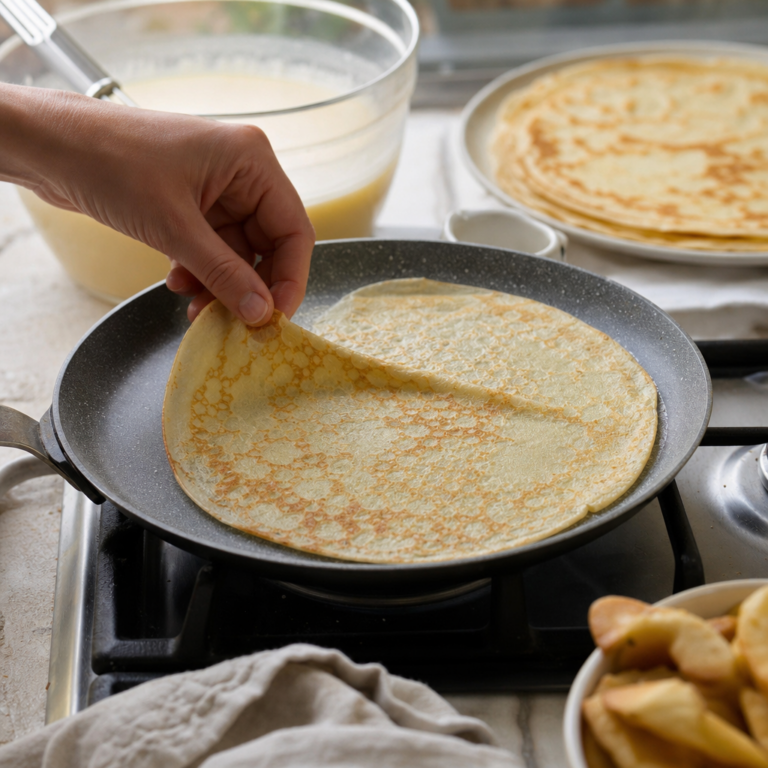Misa s hladkým palacinkovým cestom pripraveným na pečenie tenkých palaciniek.
