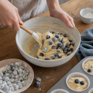 Cesto rozdelené do formy na muffiny a doplnené čučoriedkami navrchu.