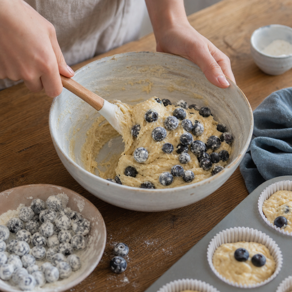 Cesto rozdelené do formy na muffiny a doplnené čučoriedkami navrchu.