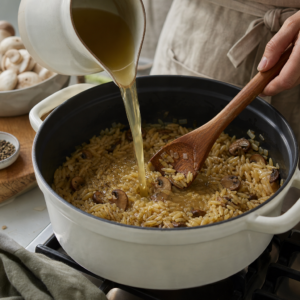 Takmer hotové orzo s hubami, smotanou a syrom v hrnci.