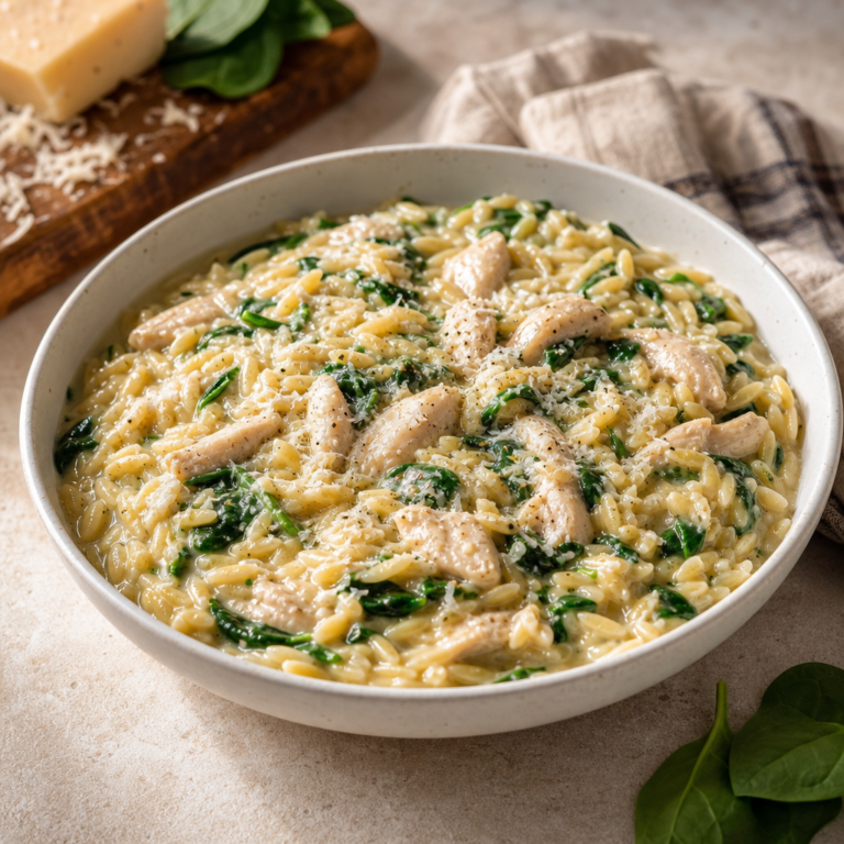 Krémové orzo s kuracím mäsom a špenátom z jedného hrnca: minimum riadu, maximum chuti