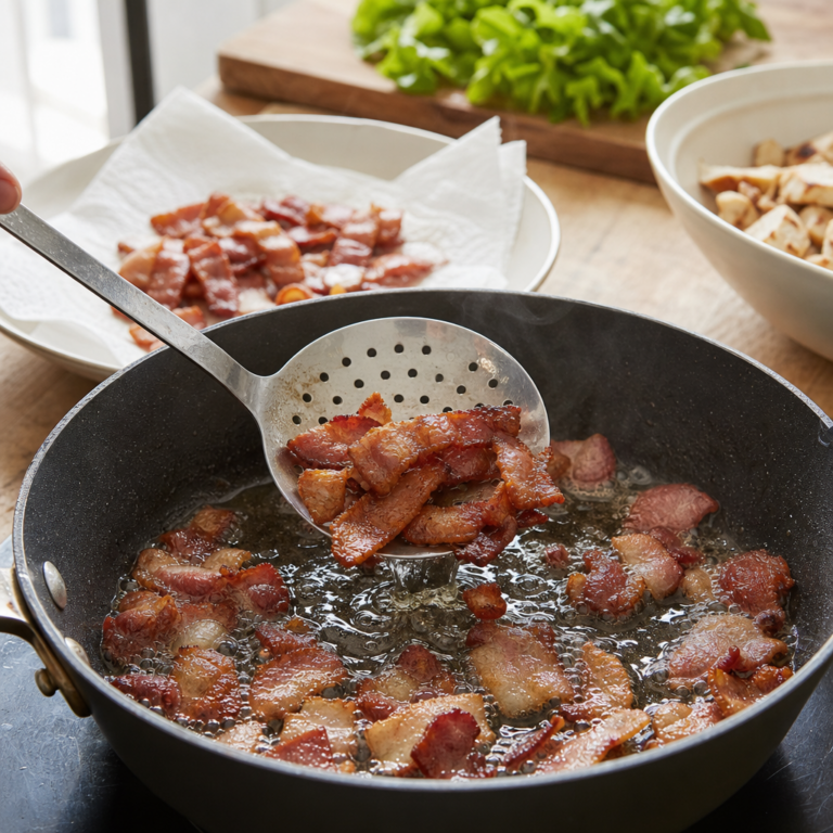 Anglická slanina sa na panvici opeká do chrumkava.