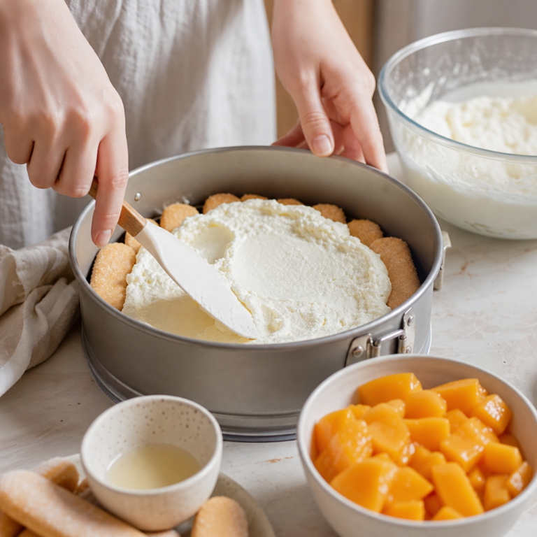Nepečená tvarohová torta s broskyňami pripravená na chladenie.
