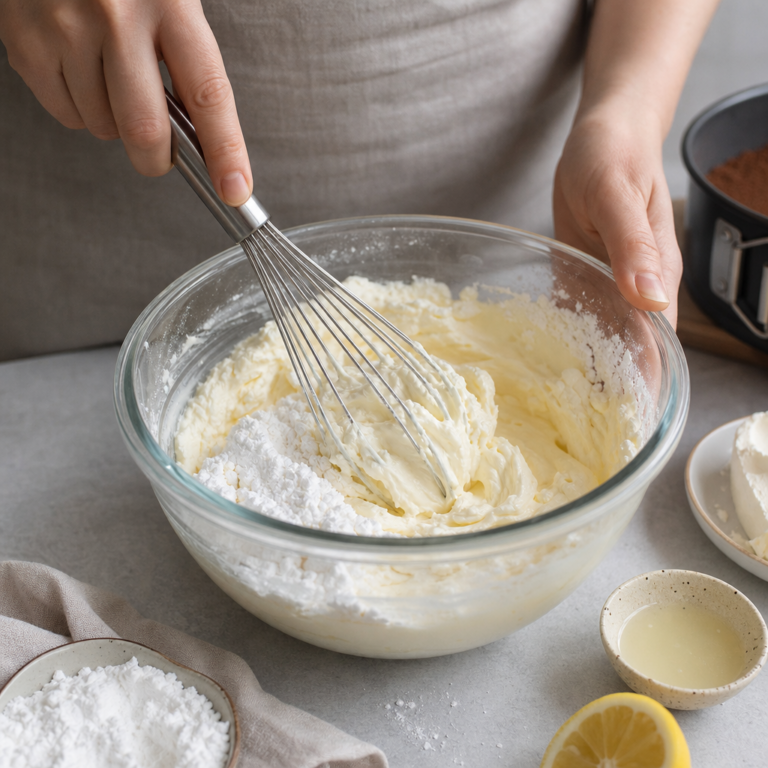 Miešanie jemného tvarohu, mascarpone a smotany do hladkého krému.