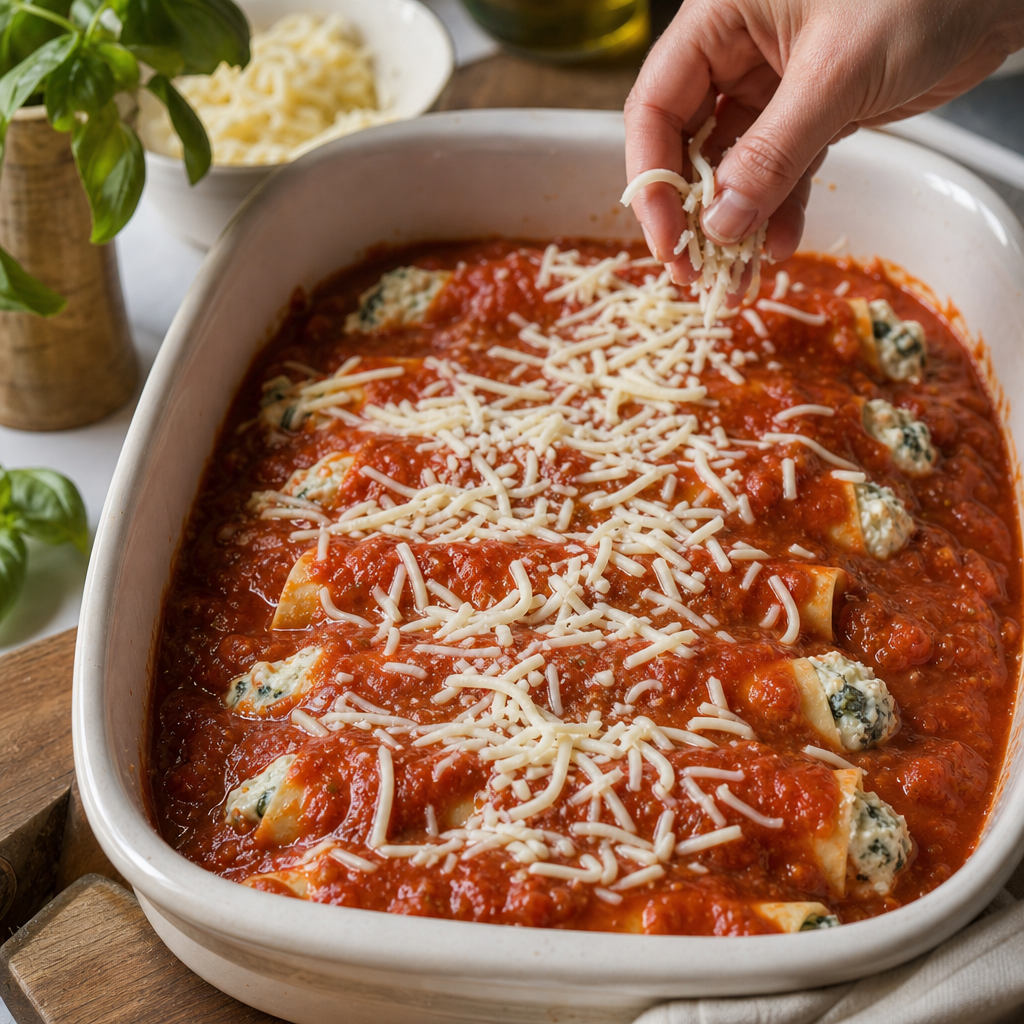 Krok prípravy: cannelloni so syrom tesne pred dopečením.