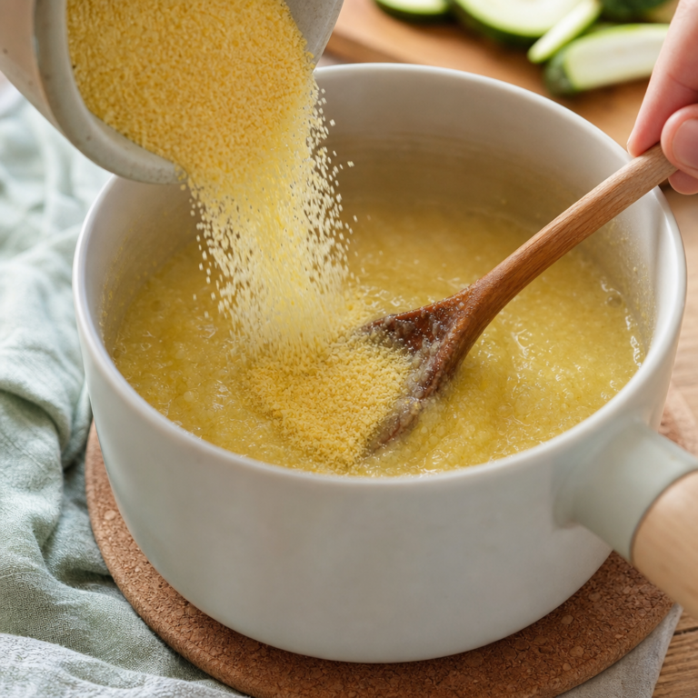 Polenta sa mieša vo vode alebo nesolenom vývare do hustej kaše bez hrudiek.