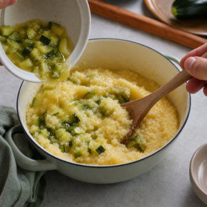 Uvarená polenta sa spája s úplne mäkkou cuketou v hrnci.