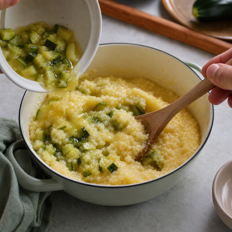 Uvarená polenta sa spája s úplne mäkkou cuketou v hrnci.