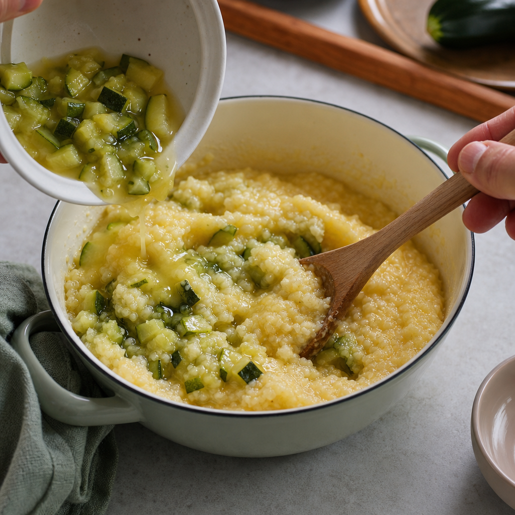 Uvarená polenta sa spája s úplne mäkkou cuketou v hrnci.