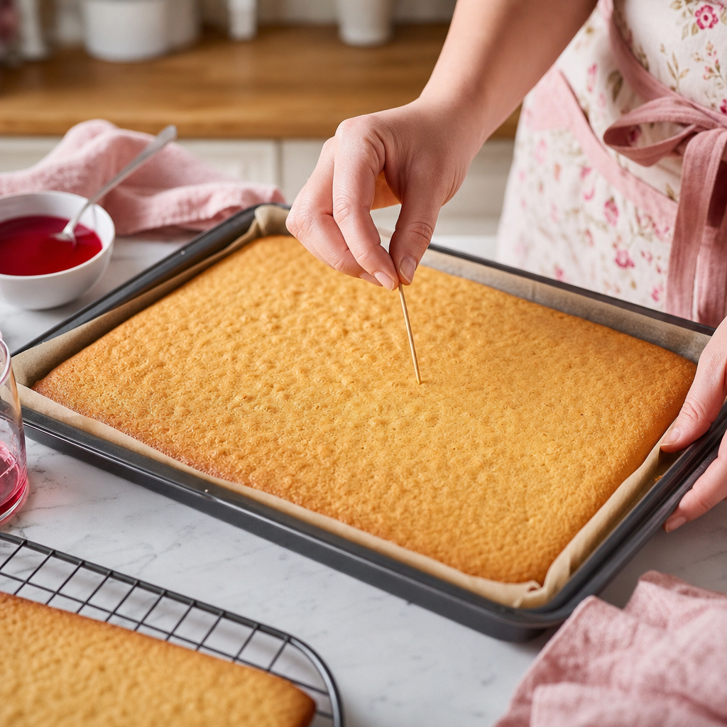 Hotová punčová torta s marhuľovým džemom a ružovou cukrovou polevou.