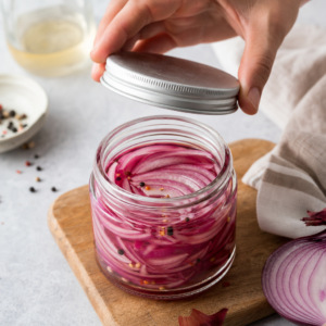 Hotová nakladaná červená cibuľa pripravená na burger alebo sendvič.