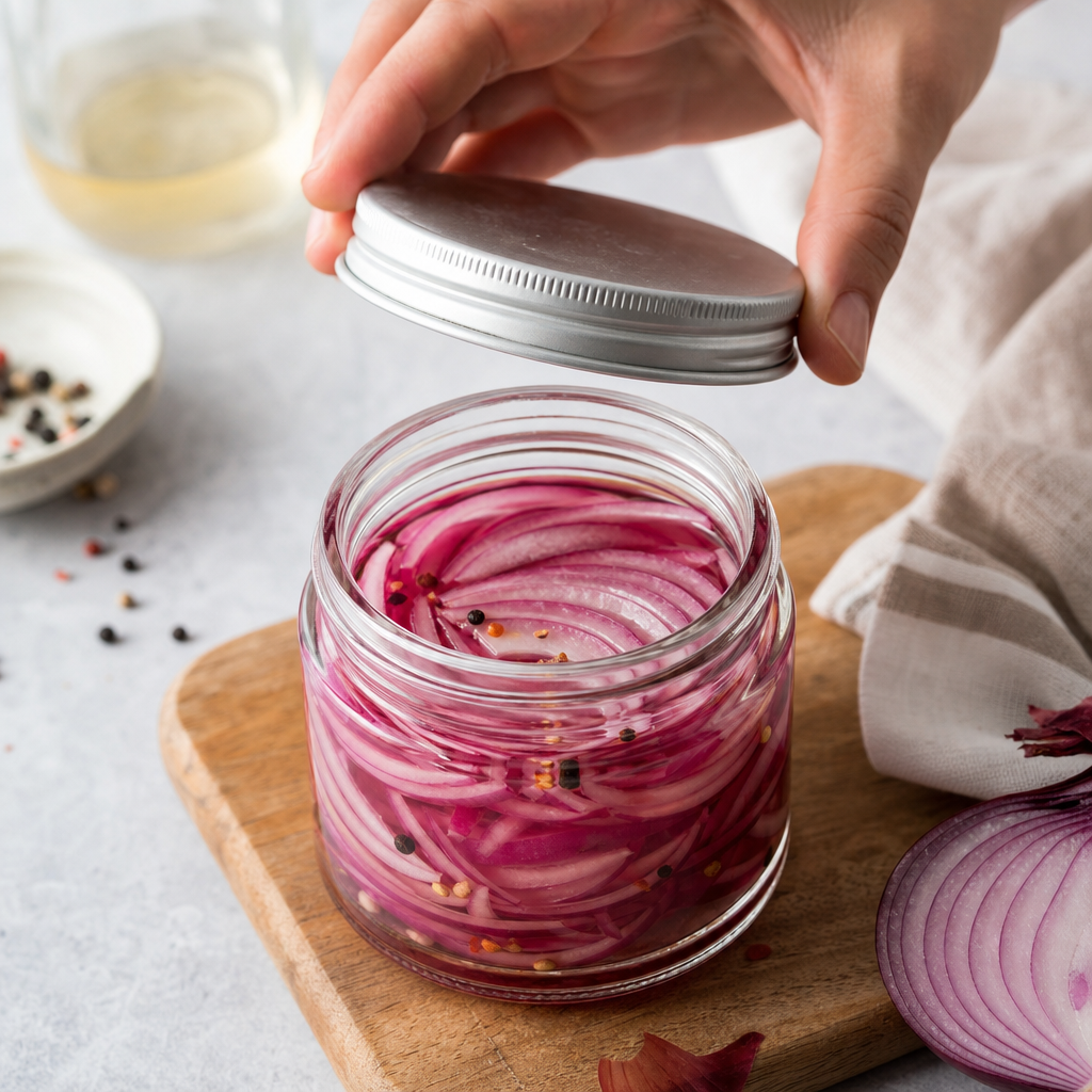 Hotová nakladaná červená cibuľa pripravená na burger alebo sendvič.