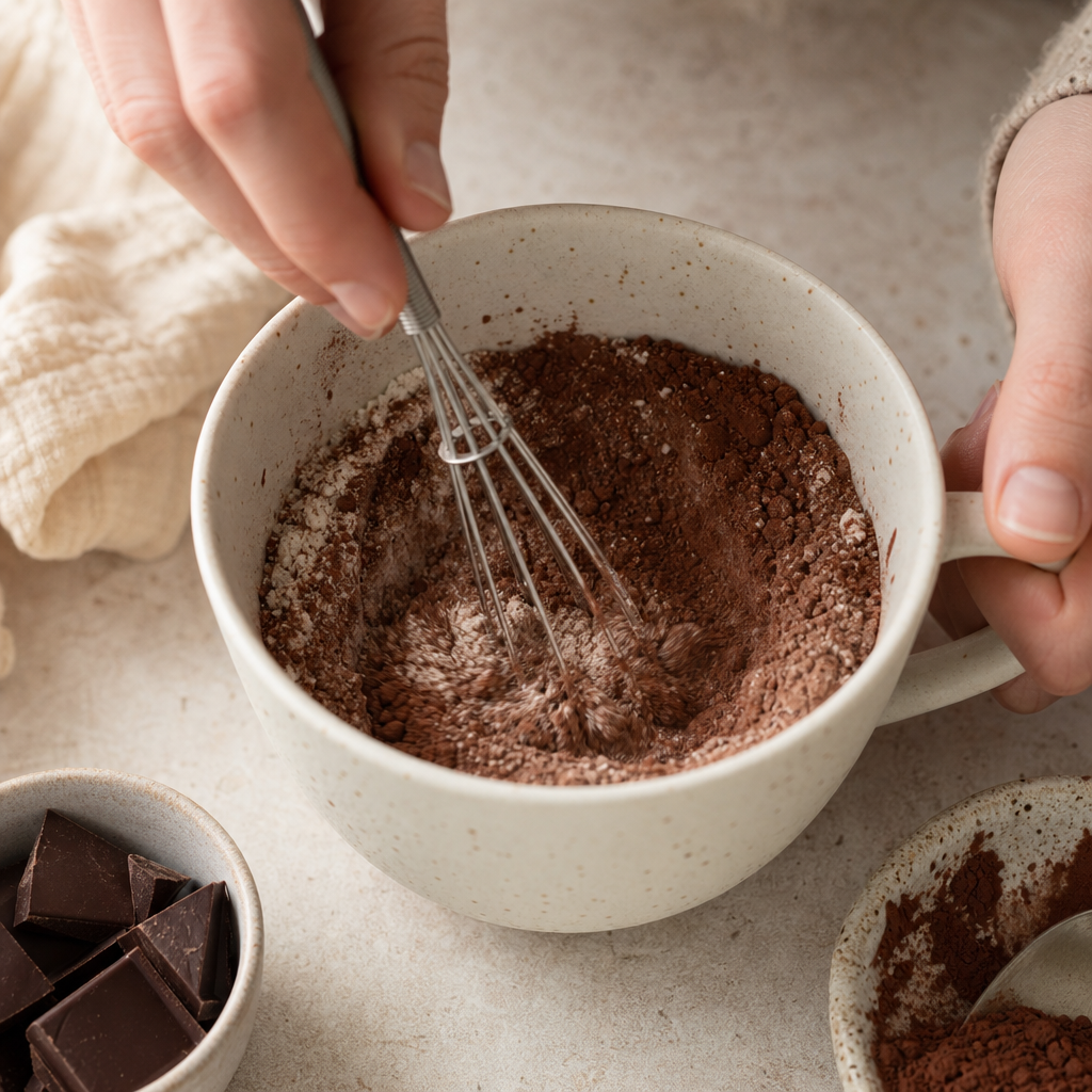 Cesto na čokoládový mug cake po pridaní vajca, mlieka a oleja.