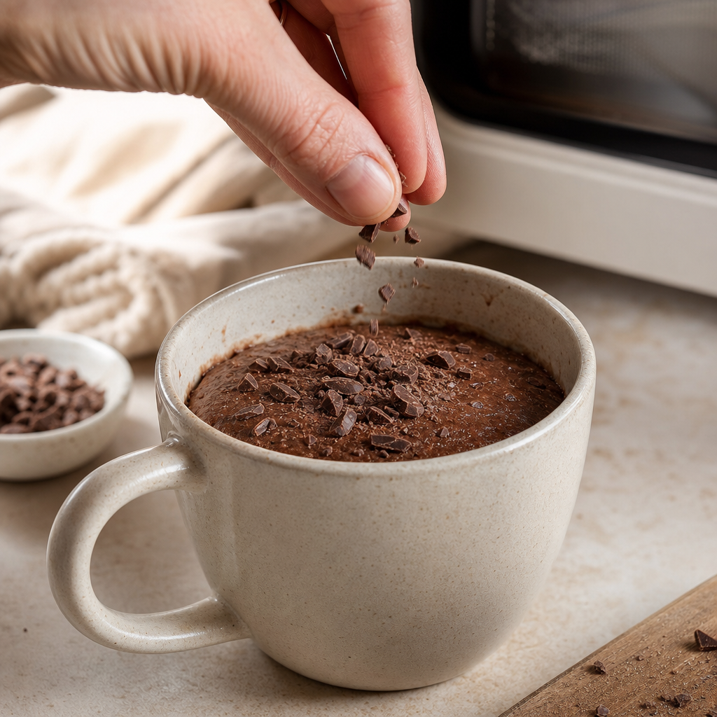 Hotový mug cake po krátkom ohreve, ešte teplý a mäkký.