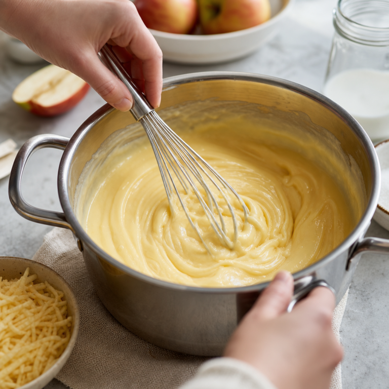 Krokové vrstvenie koláča: cesto, jablká a hustý puding na plechu.