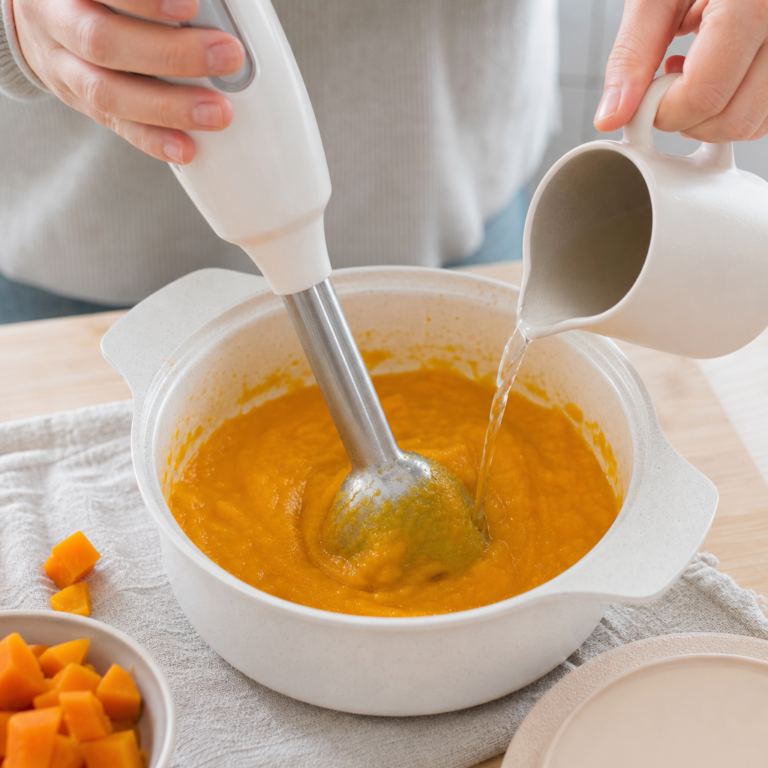 Ponorný mixér rozmixúva tekvicu do úplne hladkého pyré.