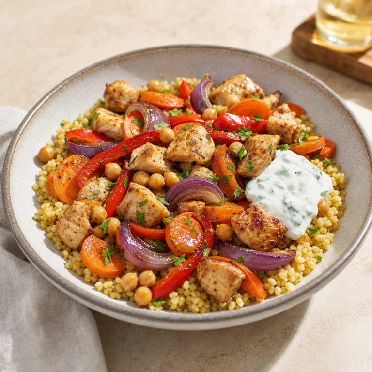 Sypký bulgur, šťavnaté kuracie a cícer z plechu: jednoduchý bowl na bežný deň