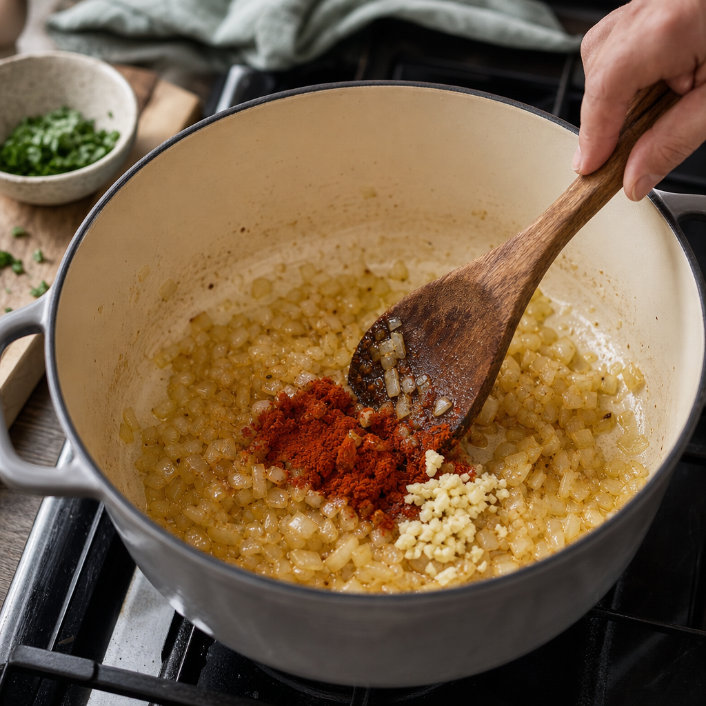 Cibuľa, cesnak, paprika a paradajkový pretlak sa restujú ako základ guláša.