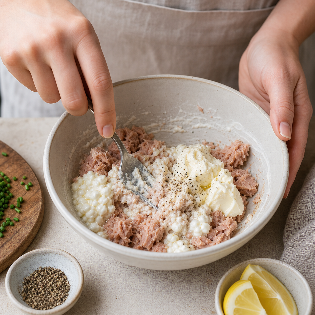 Miešanie tuniaka, cottage syra, krémového syra a citrónovej šťavy.