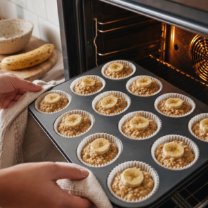 Mierne vychladnuté muffiny podávané s lyžicou bieleho jogurtu.