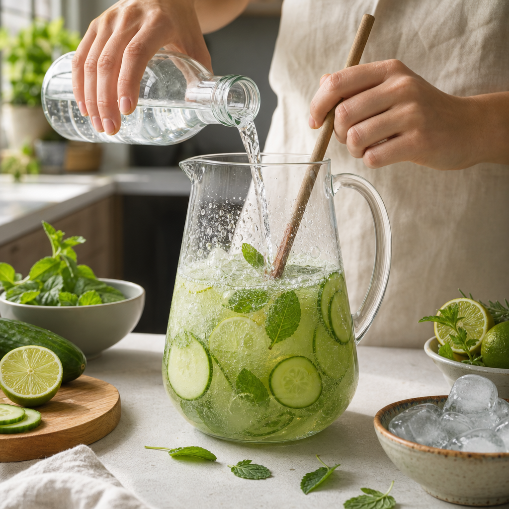 Uhorková limonáda sa podáva vo vysokých pohároch s uhorkou, limetkou, mätou a ľadom.
