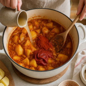 Do cibuľového základu sa vmiešava sladká paprika a paradajkový pretlak.
