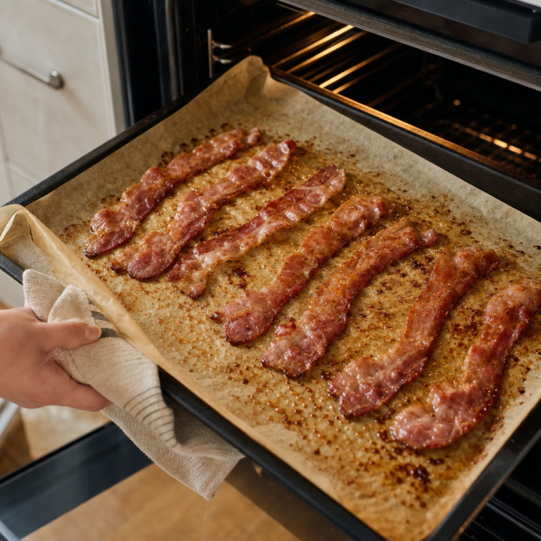 Chrumkavá pečená slanina na plechu po upečení.