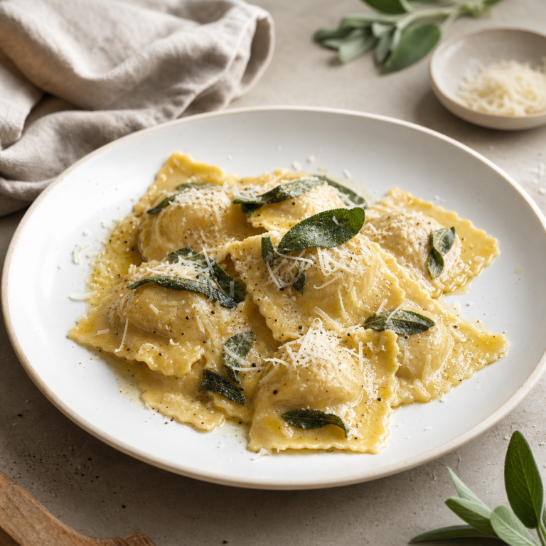 Domáce špenátové ravioli s ricottou a šalviovým maslom z tenkého vaječného cesta