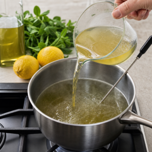 Plnenie horúceho sirupu do sterilizovaných fliaš.