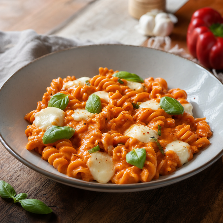 Domáce fusilli s paprikovou omáčkou a mozzarellou: krémové bezmäsité cestoviny z pečenej papriky