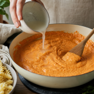 Omáčka z pečenej papriky sa mieša s uvarenými fusilli v panvici.